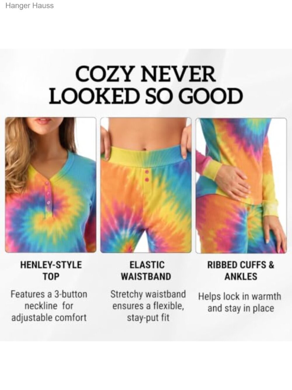 Women's Thermal Tie Dye Pajama Set Henley Top & Jogger Pants - Picture 3 of 5